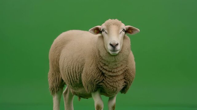 A fluffy sheep stands alert and looking directly at the viewer against a plain green background, showcasing its wooly coat and gentle expression