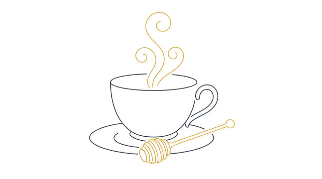 Steaming Hot Beverage In Ornate Cup With Saucer And Honey Dipper Relaxing Home Environment