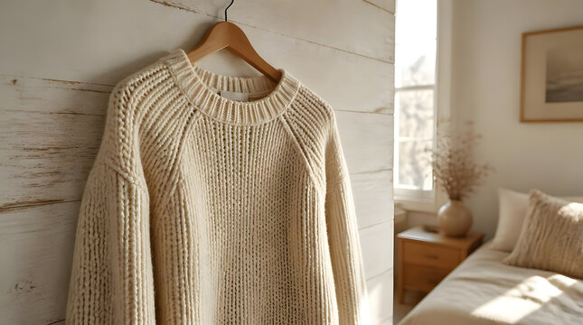 Chunky cream knit sweater hanging on wooden hanger rustic white wall cozy bedroom natural light serene decor