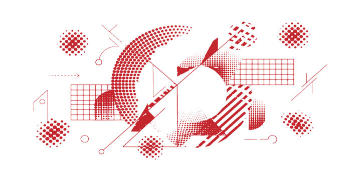 Abstract red geometric composition with halftone dots and technical grid elements vector illustration for modern design poster.