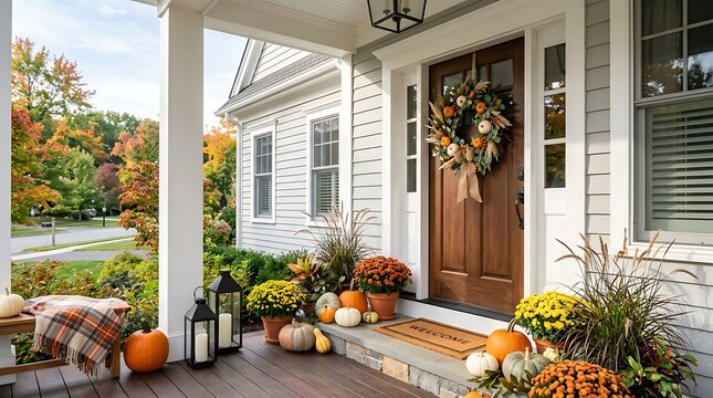 Cozy front porch of suburban house beautifully decorated for autumn season