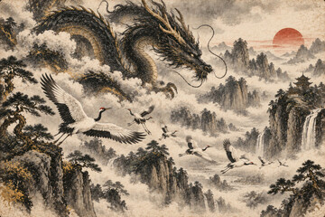 Fototapeta premium Chinese Dragon and Red Crowned Cranes in Traditional Mountain Landscape