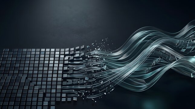 Abstract digital background with a transition from a structured grid of dark metallic cubes to fluid, flowing transparent ribbons