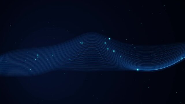 Blue waves undulate across a dark background displaying a digital network pattern