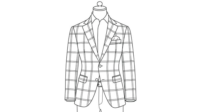 Plaid blazer outline sketch with notch lapel and flap pockets for men smart casual style apparel design and fashion boutique presentation.