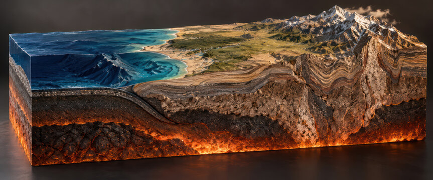 Tectonic Plate Subduction Zone Cross Section with Ocean and Mountain Formation