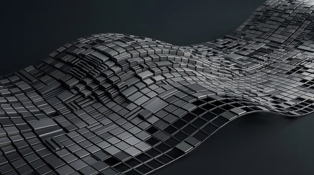 Abstract 3d background with a wavy surface made of metallic cubes and blocks in a dark technological environment
