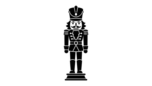 Classic Nutcracker Soldier Icon: A striking black silhouette of a traditional nutcracker soldier, standing tall in military uniform with a distinguished mustache and hat, against a clean background.