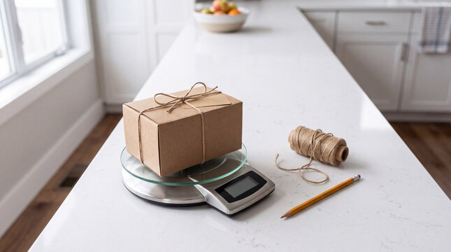 Small kraft box on a kitchen scale, Black Friday shipping prep