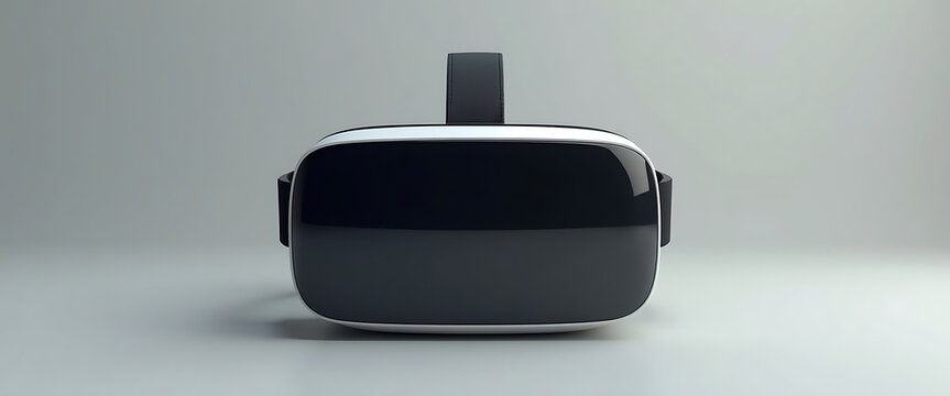 front view of black and white virtual reality headset on gray background with soft lighting.