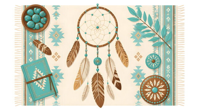 Dreamcatcher Flat Lay Vector Illustration Soft Brown Turquoise Beads Feathers Ornate Teal Background Booklet Dream Catcher Artistic Design Decora