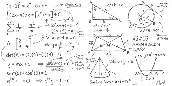 Hand drawn complex calculus and trigonometry math equations background with geometry theorem and algebra formulas vector illustration.