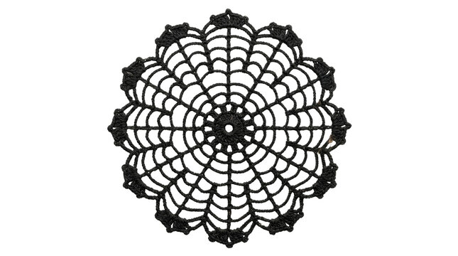 Black crochet doily with a spider web pattern isolated on a clean white background surface