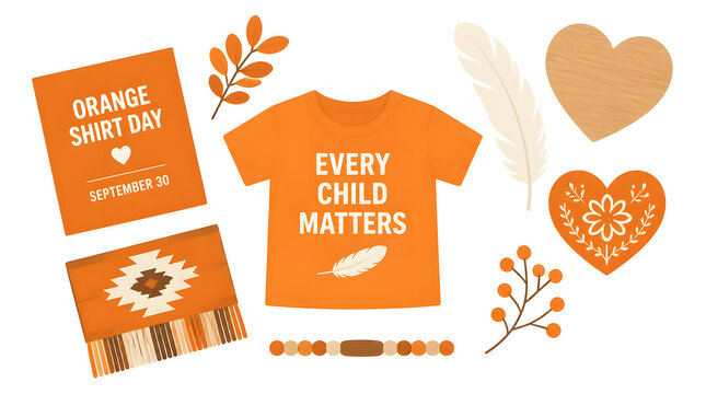 Orange Shirt Day Flat Lay Composition Featuring T Shirt Feathers Floral Motifs in Earthy Colors
