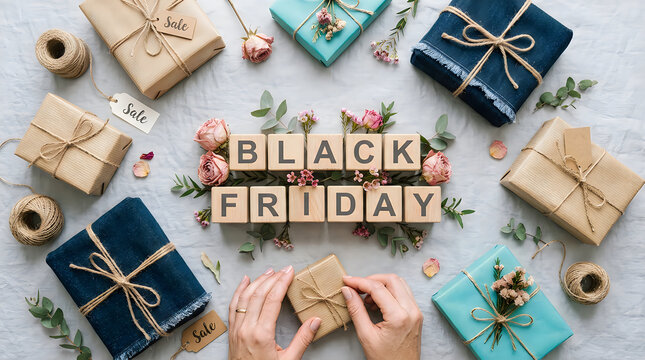 Festive black friday sale concept with wrapped gifts on wooden background