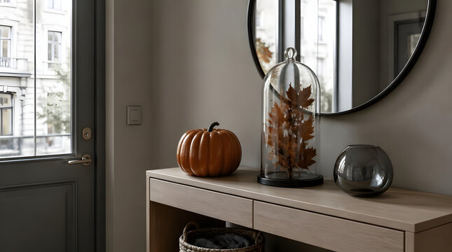 Cozy entryway console pumpkin dried leaf arrangement urban apartment interior large windows reflecting cityscape