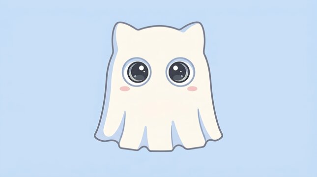 Cartoon ghost with large black eyes and floating form against light blue backdrop.