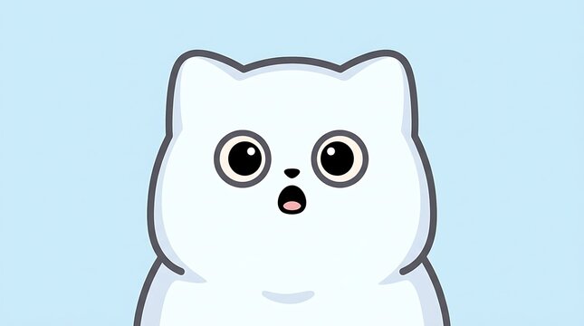 Cartoon white cat with exaggerated eyes and surprised expression on light blue background.