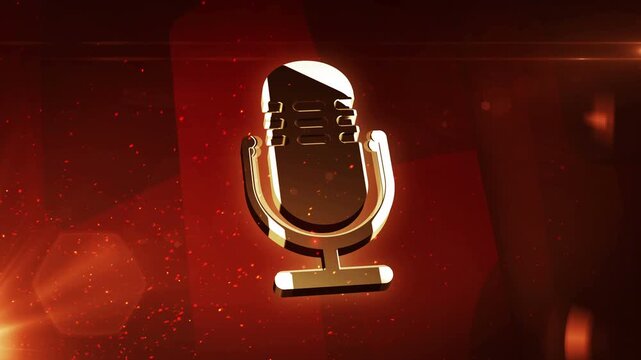 Microphone on air radio broadcast and podcast metal shine symbol. Abstract 3d golden metal reflection icon animation.