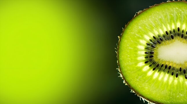 Fresh ripe green kiwi fruit cut in half showing black seeds and emerald pulp