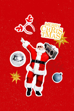 Trendy banner poster image photo collage of happy old santa clas man dance disco ball celebration party boombox headband ball toy
