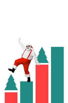 Sketch trendy 3d vertical artwork collage of happy old man santa claus dance chart new year eve tree icon celebration winter xmas