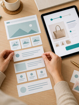Hands arranging website wireframe cards beside tablet displaying an online handbag shop. Website conversion and ecommerce optimization. User experience design. Digital marketing and sales