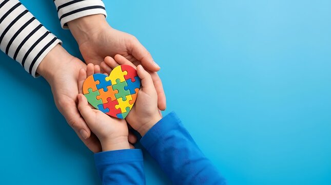 Autism awareness heart puzzle piece in hands of adult and child symbolizing support and love
