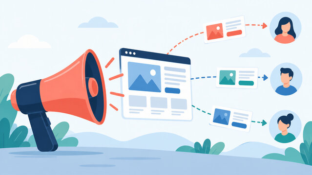 Megaphone directs visitors to a website landing page and profile paths. Website conversion and digital marketing. Audience targeting, lead generation. Flat vector illustration.