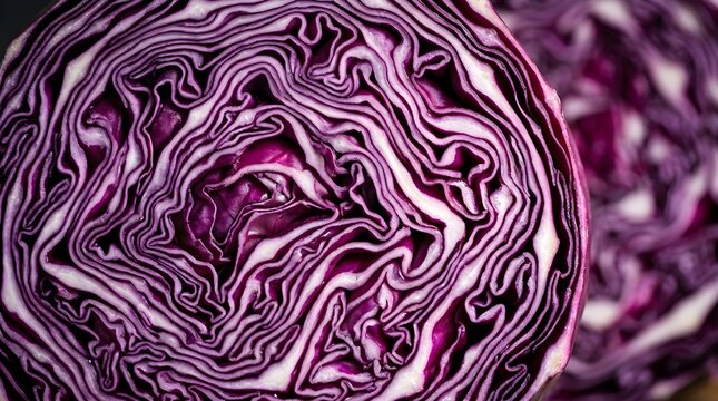 Vibrant red cabbage vegetable cut in half showing purple spiral leaf layers