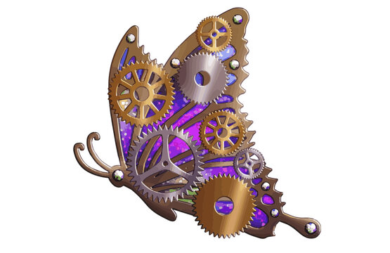 Steampunk mechanical butterfly with bronze gears and purple wings, vintage clockwork insect vector illustration