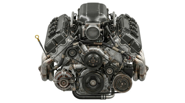 High performance V8 engine block featuring lightweight carbon fiber valve covers and components