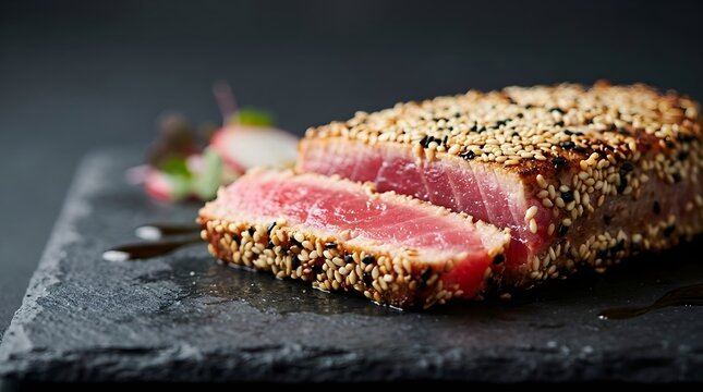 Sesame crusted seared yellowfin tuna steak sliced on artisan slate plate