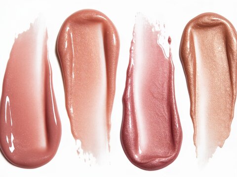 set of four shimmer lip gloss smears, glossy pink nail polish, cosmetics beauty product texture, liquid blush, lipstick, lipgloss swatches