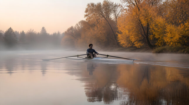 Single sculler rowing on calm misty riverbank early morning light reflecting off autumn trees