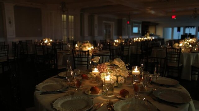 Elegant wedding reception guests dining at candlelit banquet tables