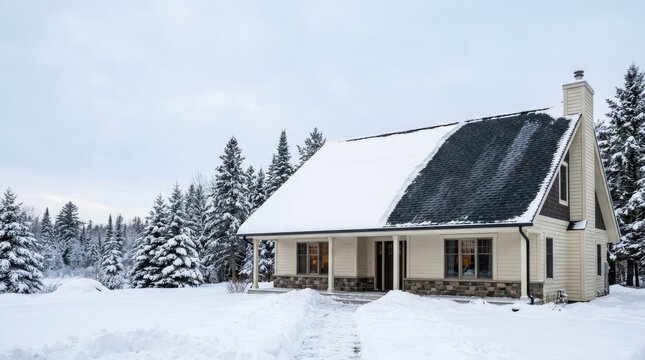 Charming snow-covered house surrounded by pine trees on a clear winter day.