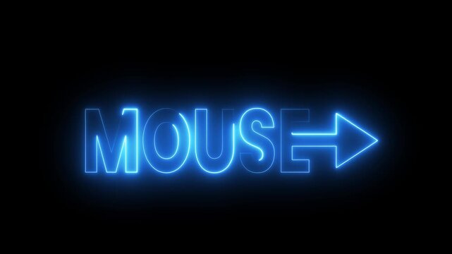 Neon blue light glowing word mouse sign with arrow animation on dark background tech style.