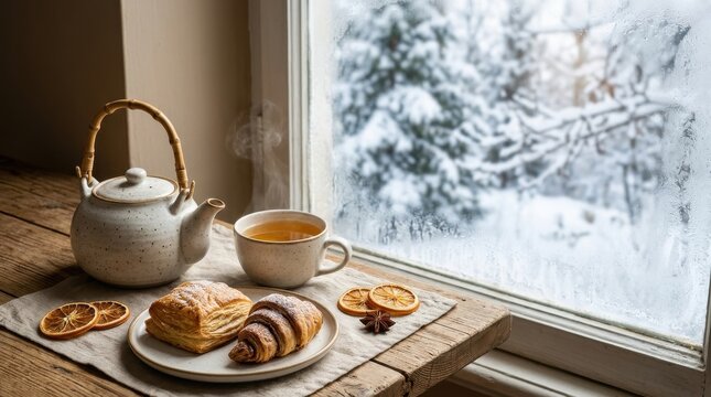 Cozy winter morning scene with teapot cup of tea and pastry near window.