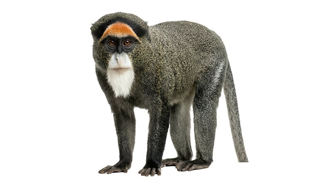 Full body portrait of a De Brazza's monkey (Cercopithecus neglectus) standing and looking forward, featuring its distinctive orange brow and white beard, isolated on white background.