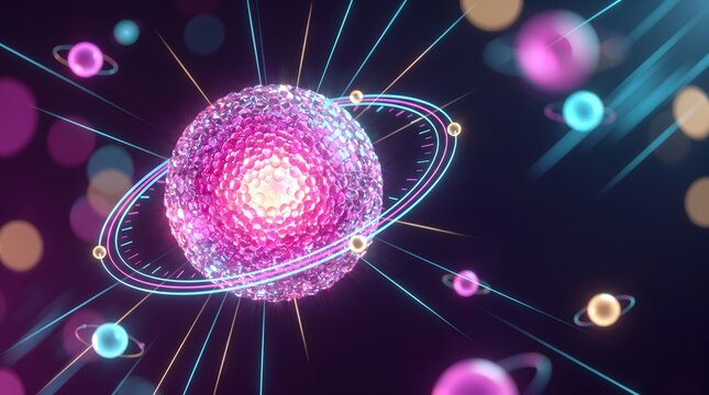 Quantum computing particle physics concept showing glowing pink core sphere with illuminated atomic orbit rings and light beams