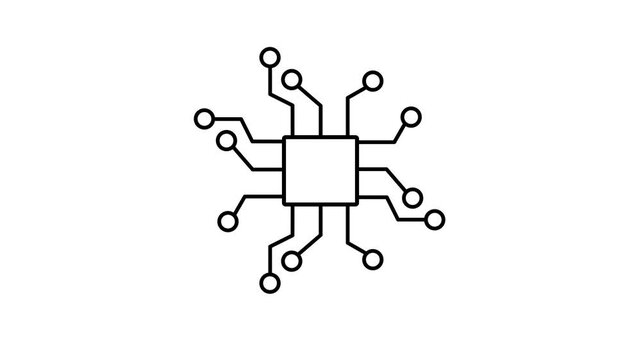 A clean black and white technology icon featuring a central microchip with a check mark and connected circuit lines.