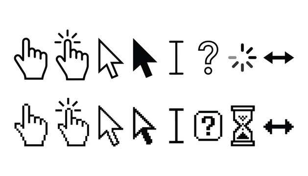 Computer mouse cursor and pixel arrow pointer collection set for web interface navigation isolated on white vector background