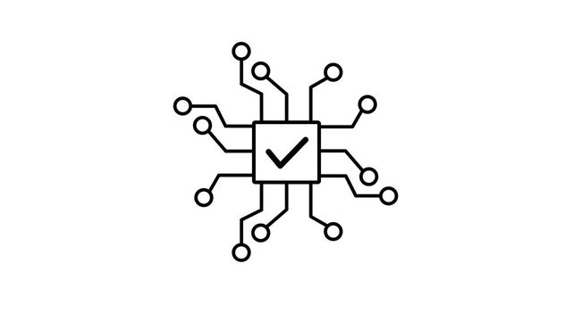 A clean black and white technology icon featuring a central microchip with a check mark and connected circuit lines.