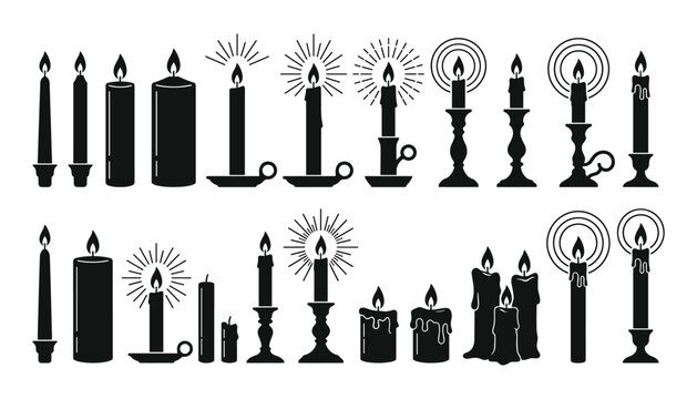 Burning candles and antique candlesticks black silhouette icon set for vintage holiday celebration isolated on white vector background