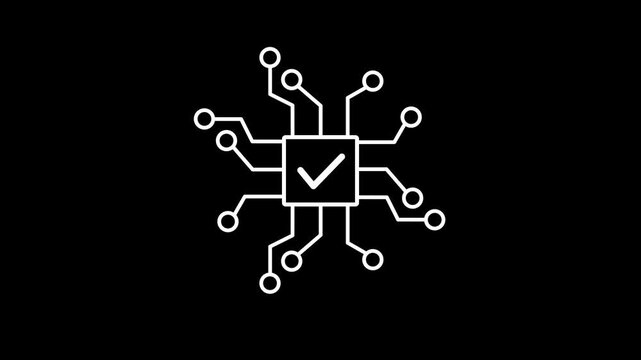 A clean black and white technology icon featuring a central microchip with a check mark and connected circuit lines.