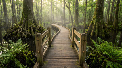 Naklejka premium Wooden Footbridge Path Passing Through Misty Cypress Swamp Forest