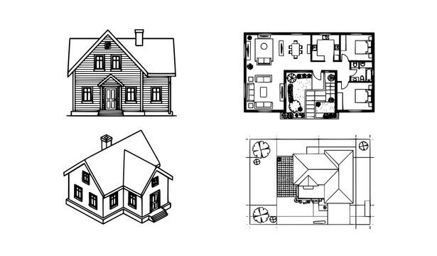 Traditional Residential Architecture Floor Plan 3D Vector Icon Collection
