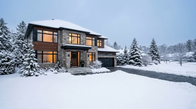 Luxury modern house at dusk with snow covered trees and driveway.