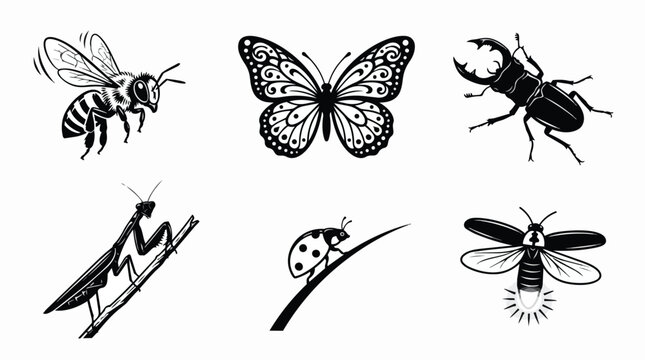 Flat Illustration Set of Six Insects and Butterflies Vector Artwork